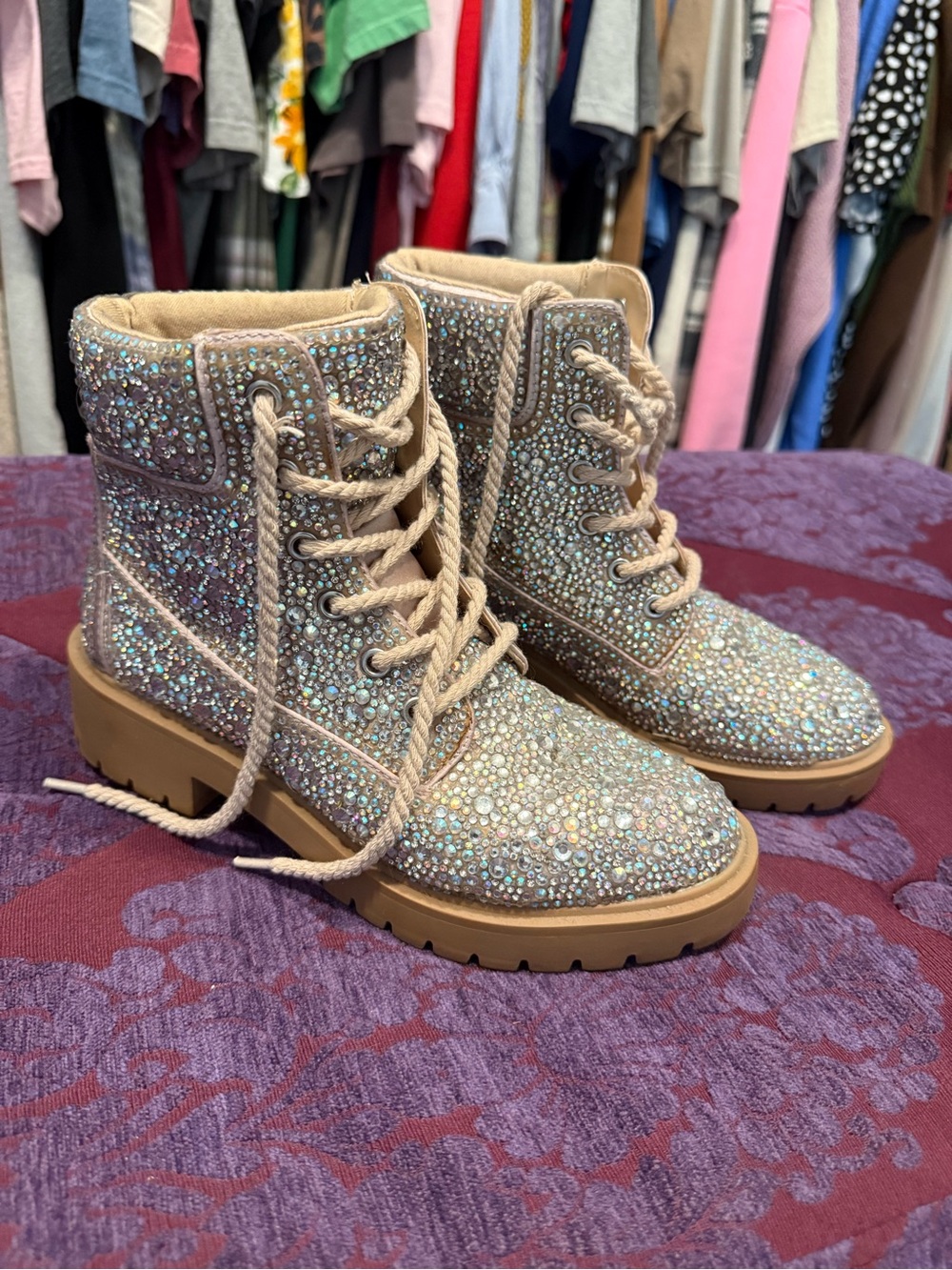 Betsey Johnson Beige Crystal-Studded Lace-Up Combat Boots
